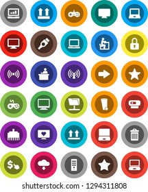 White Solid Icon Set- trash bin vector, student, notebook pc, laptop graph, dollar cursor, heart monitor, top sign, gamepad, favorites, hdmi, network folder, lan connector, arrow, cloud download