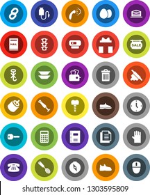 White Solid Icon Set- trash bin vector, steaming, rubber glove, skimmer, rolling pin, plates, egg, copybook, compass, calculator, clock, snickers, traffic light, document, no hook, classic phone