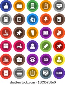 White Solid Icon Set- trash bin vector, shining window, pencil, student, clipboard, paper pin, archive, exam, manager, case, classic phone, thumbtack, diagnostic monitor, medical room, router, user