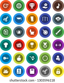 White Solid Icon Set- trash bin vector, toilet, house hold, pan, mushroom, copybook, graduate hat, pen, apple fruit, award cup, scissors, music, barbell, horizontal bar, medal, hoop, money, ship