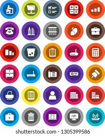 White Solid Icon Set- trash bin vector, shining window, student, case, clipboard, paper pin, archive, exam, sorting, classic phone, diagnostic monitor, network folder, router, user, apartments