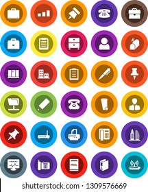 White Solid Icon Set- trash bin vector, shining window, pencil, case, pen, clipboard, paper pin, archive, manager, binder, phone, sorting, classic, thumbtack, diagnostic monitor, network folder