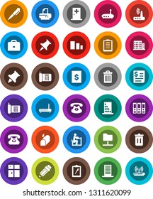White Solid Icon Set- trash bin vector, shining window, pencil, student, case, pen, paper pin, binder, phone, receipt, clipboard, sorting, classic, thumbtack, medical room, network folder, router