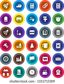 White Solid Icon Set- trash bin vector, toilet brush, measuring cup, cook press, bell, calculator, alarm clock, compass, flag, shuttlecock, document, satellitie, battery, bench, attachment, fence