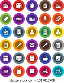White Solid Icon Set- trash bin vector, shining window, pencil, student, pen, clipboard, archive, manager, binder, phone, classic, thumbtack, diagnostic monitor, medical room, router, attachment