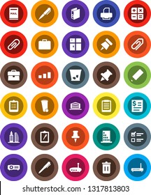 White Solid Icon Set- trash bin vector, shining window, pencil, pen, clipboard, paper pin, exam, case, binder, receipt, sorting, thumbtack, router, attachment, mailbox, office building, calculator