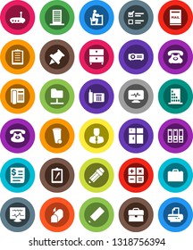 White Solid Icon Set- trash bin vector, shining window, pencil, student, case, paper pin, archive, exam, manager, binder, phone, receipt, clipboard, classic, diagnostic monitor, network folder