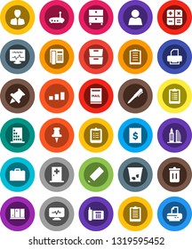 White Solid Icon Set- trash bin vector, shining window, pencil, case, pen, clipboard, paper pin, archive, manager, phone, receipt, sorting, thumbtack, diagnostic monitor, medical room, router, user