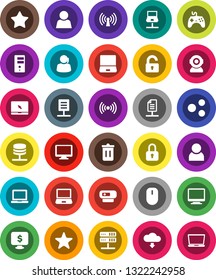 White Solid Icon Set- trash bin vector, notebook pc, monitor dollar, support, gamepad, favorites, network, server, share, cloud download, document, user, unlock, wireless, lock, web camera, mouse