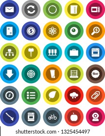 White Solid Icon Set- trash bin vector, window cleaning, measuring cup, oven, case, atom, compass, abacus, leaf, dollar coin, crisis, money search, arrow down, diet, bike, target, hoop, ovule, mail