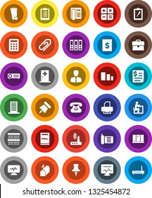 White Solid Icon Set- trash bin vector, shining window, student, paper pin, exam, manager, case, binder, clipboard, phone, receipt, sorting, thumbtack, diagnostic monitor, medical room, router