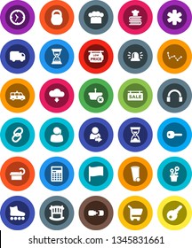 White Solid Icon Set- trash bin vector, cook hat, cookbook, calculator, flag, constellation, sand clock, weight, roller Skates, support, headphones, link, ambulance star, amkbulance car, tomography