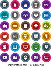 White Solid Icon Set- trash bin vector, student, notebook pc, laptop graph, dollar cursor, heart monitor, top sign, hdmi, diagnostic, network server, cloud exchange, browser, lan connector, document