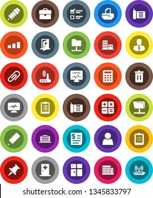 White Solid Icon Set- trash bin vector, shining window, pencil, clipboard, exam, manager, case, phone, receipt, sorting, thumbtack, diagnostic monitor, medical room, network folder, router, user