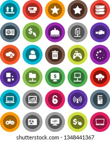 White Solid Icon Set- trash bin vector, notebook pc, laptop graph, monitor dollar, cursor, support, top sign, gamepad, favorites, diagnostic, network, folder, cloud lock, exchange, big data, loading
