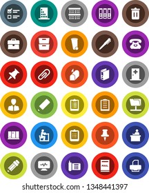 White Solid Icon Set- trash bin vector, shining window, pencil, student, pen, clipboard, archive, exam, manager, case, binder, phone, thumbtack, diagnostic monitor, medical room, network folder