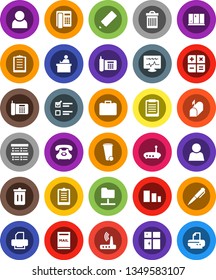White Solid Icon Set- trash bin vector, shining window, pencil, student, pen, clipboard, exam, case, phone, sorting, diagnostic monitor, network folder, router, user, mailbox, calculator, printer