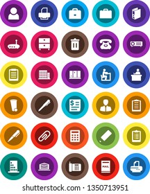 White Solid Icon Set- trash bin vector, shining window, pencil, student, case, pen, clipboard, archive, manager, binder, phone, receipt, router, attachment, user, mailbox, apartments, calculator