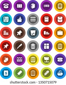 White Solid Icon Set- trash bin vector, shining window, pencil, student, pen, clipboard, paper pin, archive, exam, case, binder, receipt, sorting, classic phone, thumbtack, network folder, mailbox