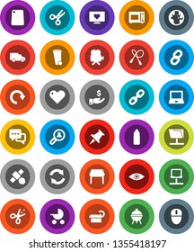 White Solid Icon Set- trash bin vector, cutting board, microwave oven, bbq, notebook pc, scissors, world, investment, jump rope, water bottle, heart monitor, satellite, car, video camera, dialog
