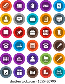White Solid Icon Set- trash bin vector, shining window, case, pen, archive, manager, binder, phone, receipt, clipboard, classic, thumbtack, diagnostic monitor, network folder, attachment, user