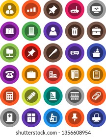 White Solid Icon Set- trash bin vector, shining window, pencil, student, pen, paper pin, exam, manager, case, clipboard, sorting, classic phone, thumbtack, diagnostic monitor, medical room, router