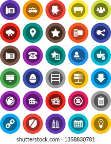 White Solid Icon Set- trash bin vector, cook timer, arrow down, presentation board, calendar, no fastfood, map pin, money, phone, protected, shelving, video camera, social media, link, group, bench