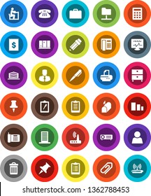 White Solid Icon Set- trash bin vector, shining window, pencil, student, case, pen, archive, manager, clipboard, receipt, sorting, classic phone, thumbtack, diagnostic monitor, network folder, user