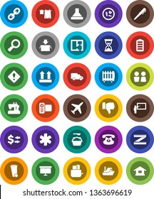 White Solid Icon Set- trash bin vector, drying clothes, washing powder, water closet, toaster, blackboard, pen, magnifier, exchange, sand clock, presentation board, measuring, plane, ship, car, link