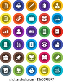 White Solid Icon Set- trash bin vector, pencil, student, case, pen, clipboard, paper pin, archive, manager, binder, receipt, sorting, classic phone, network folder, attachment, user, mailbox, router