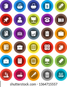 White Solid Icon Set- trash bin vector, pencil, case, pen, clipboard, binder, receipt, classic phone, thumbtack, medical room, network folder, router, user, mailbox, office building, calculator