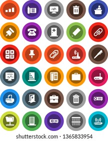 White Solid Icon Set- trash bin vector, pencil, student, pen, paper pin, exam, case, phone, sorting, thumbtack, diagnostic monitor, medical room, network folder, router, attachment, building
