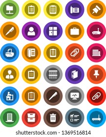 White Solid Icon Set- trash bin vector, shining window, student, pen, clipboard, paper pin, archive, exam, manager, case, binder, phone, thumbtack, diagnostic monitor, network folder, router, user