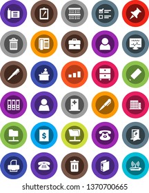 White Solid Icon Set- trash bin vector, pencil, student, pen, archive, exam, case, binder, phone, receipt, clipboard, sorting, classic, thumbtack, diagnostic monitor, medical room, network folder
