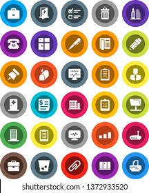 White Solid Icon Set- trash bin vector, shining window, pencil, case, pen, clipboard, paper pin, exam, manager, phone, receipt, sorting, diagnostic monitor, medical room, network folder, router