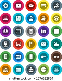 White Solid Icon Set- trash bin vector, spices, investment, dollar flag, calendar, phone, support, receipt, shelving, video camera, mobile, notebook pc, forward button, gear, firewall, router, bench