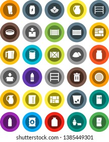 White Solid Icon Set- trash bin vector, garbage pile, measuring cup, jug, sieve, jar, enegry drink, water bottle, sea container, port, wood box, consolidated cargo, package, oil barrel, shelving