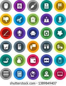 White Solid Icon Set- trash bin vector, splotch, liquid soap, toilet paper, spices, blackboard, table lamp, calculator, scissors, exam, wallet, dollar flag, cursor, map pin, big scales, microphone