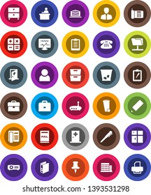 White Solid Icon Set- trash bin vector, shining window, pencil, student, case, pen, archive, manager, binder, clipboard, classic phone, thumbtack, diagnostic monitor, medical room, network folder