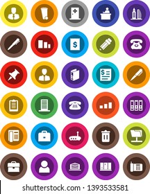White Solid Icon Set- trash bin vector, shining window, pencil, student, case, pen, manager, binder, clipboard, phone, receipt, sorting, classic, thumbtack, medical room, network folder, router