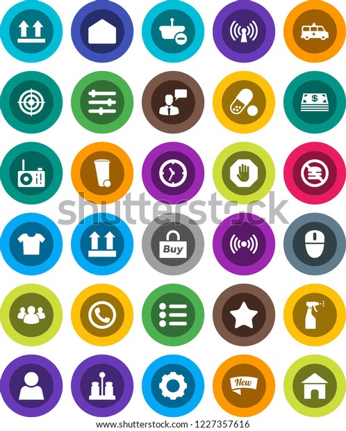 White Solid Icon Set- trash bin vector, sprayer,\
spices, target, pills, no fastfood, clock, top sign, speaking man,\
group, favorites, mail, amkbulance car, gear, equalizer, user,\
stop, wireless, new