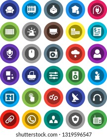 White Solid Icon Set- truck trailer vector, receipt, wood box, package, radio, microphone, touchscreen, headphones, speaker, gender sign, hospital building, equalizer, cloud upload, loading, user