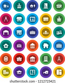 White Solid Icon Set- university vector, school building, drawing compass, bank, stadium, hospital, home, cottage, chalet, barn, fence, plan, office, love, store, mall, window