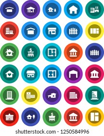 White Solid Icon Set- university vector, bank, building, dry cargo, hospital, home, cottage, chalet, barn, fence, plan, apartments, love, store, mall, window