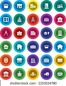 White Solid Icon Set- university vector, school building, drawing compass, bank, stadium, dry cargo, hospital, home, cottage, chalet, fence, plan, apartments, office, love, store, mall