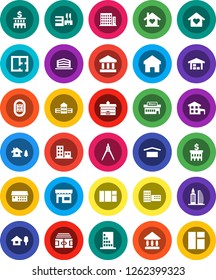 White Solid Icon Set- university vector, school building, drawing compass, bank, stadium, dry cargo, hospital, home, cottage, chalet, barn, plan, apartments, office, love, store, mall, window