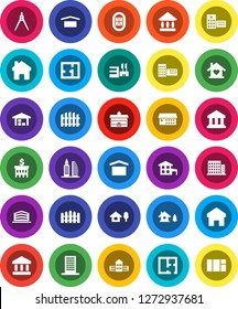White Solid Icon Set- university vector, school building, drawing compass, bank, stadium, dry cargo, hospital, home, cottage, chalet, barn, fence, plan, apartments, office, love, mall, window