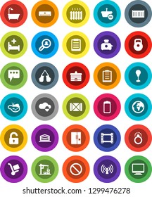 White Solid Icon Set- university vector, clipboard, weight, punching bag, boxing glove, prohibition sign, earth, sea container, wood box, film frame, battery, hospital bed, cloud shield, message