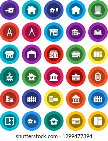 White Solid Icon Set- university vector, school building, drawing compass, bank, stadium, hospital, home, cottage, chalet, barn, fence, plan, apartments, office, love, store, mall, window