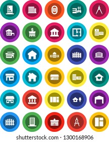 White Solid Icon Set- university vector, school building, drawing compass, bank, stadium, hospital, home, cottage, chalet, barn, fence, plan, apartments, office, love, store, mall, window